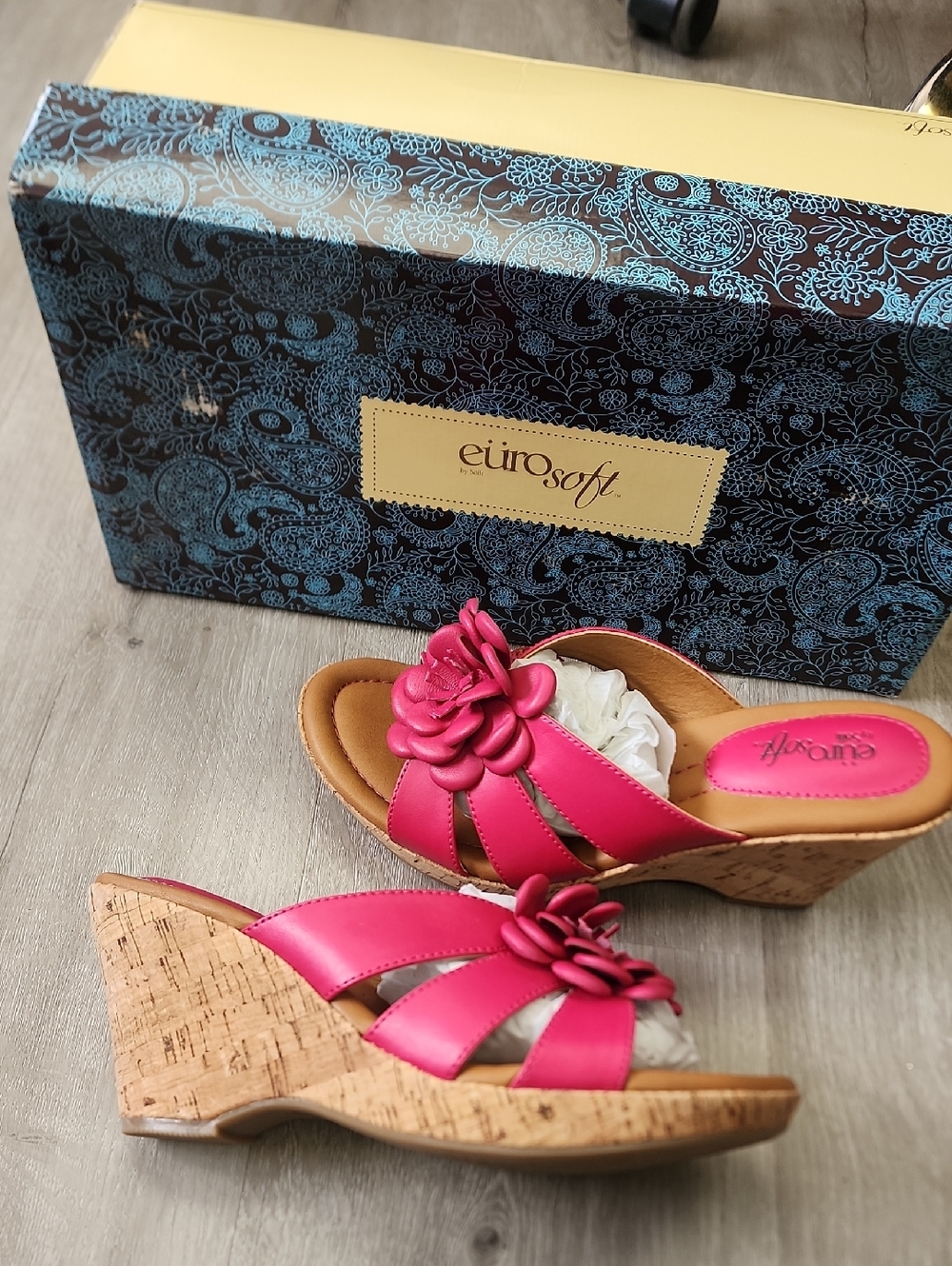 Eurosoft Pink Floral Cork Wedge Sandals